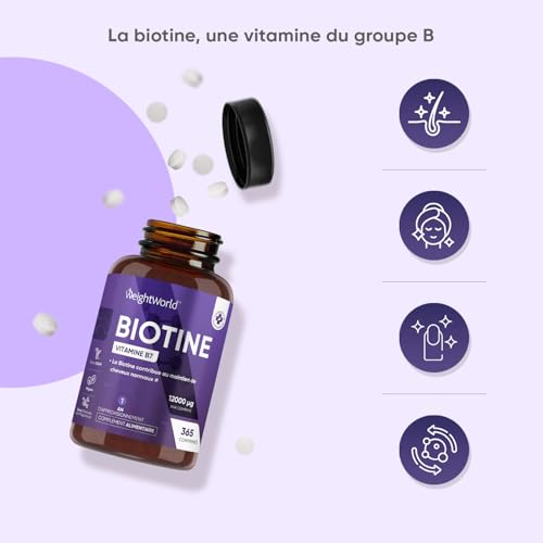 Biotine 12000mcg 365 Petits Comprimés Vegan Pour Femmes: Cheveux et Peau Normaux - Vitamine B7 - 1 An de Stock