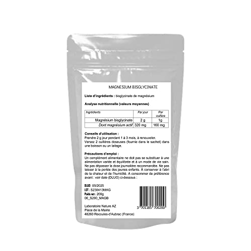 Magnésium Bisglycinate Pur en Poudre - Haute Absorption, Sans Vitamine B6, 200g, pour Stress, Sommeil et Fatigue, Sachet