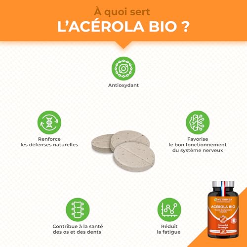 ACEROLA BIO Naturelle Fortement Concentrée en Vitamine C Renforce le Système Immunitaire - Comprimés Vegan 30Pièces Fabr