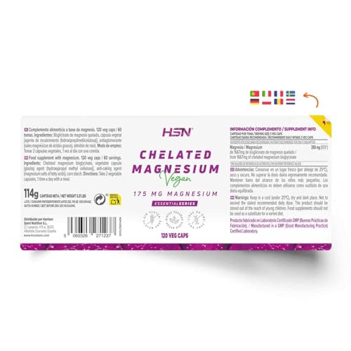 Magnésium HSN Bisglycinate 120 Gélules Végétaliennes Pour Adults | Absorption Facile 350 mg Journalier | Non-OGM, Vegan,