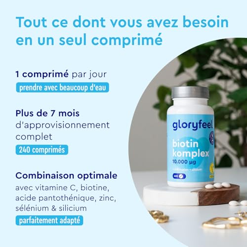 Biotine 10000 mcg 400 Comprimés - Pour la Peau, les Cheveux & les Ongles - Vitamines C, Silicium & B5 Haute Biodisponibi