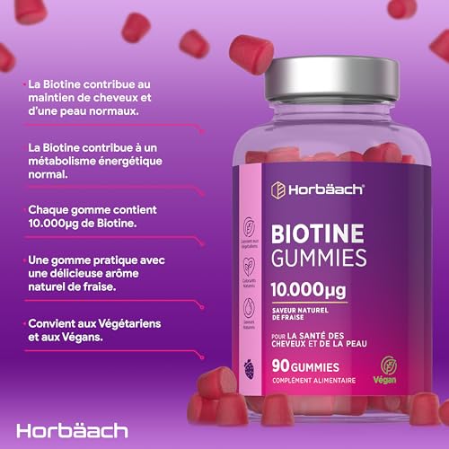 Horbaach Biotine 10000 mcg Gummies | 90 Végane | Vitamines pour Cheveux, Peau et Ongles | Fraise Naturelle