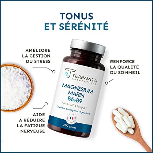 Terravita Magnésium Marin + Vit B6 B9 - 300mg Élément par Gélule | 100 Jours de Cure | Combattre le Stress et la Fatigue