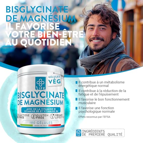 Magnésium Bisglycinate 1500 mg PiùLife – Absorption Maximale avec Vitamines B6, B1, B5 | Gélules pour Sommeil, Stress et