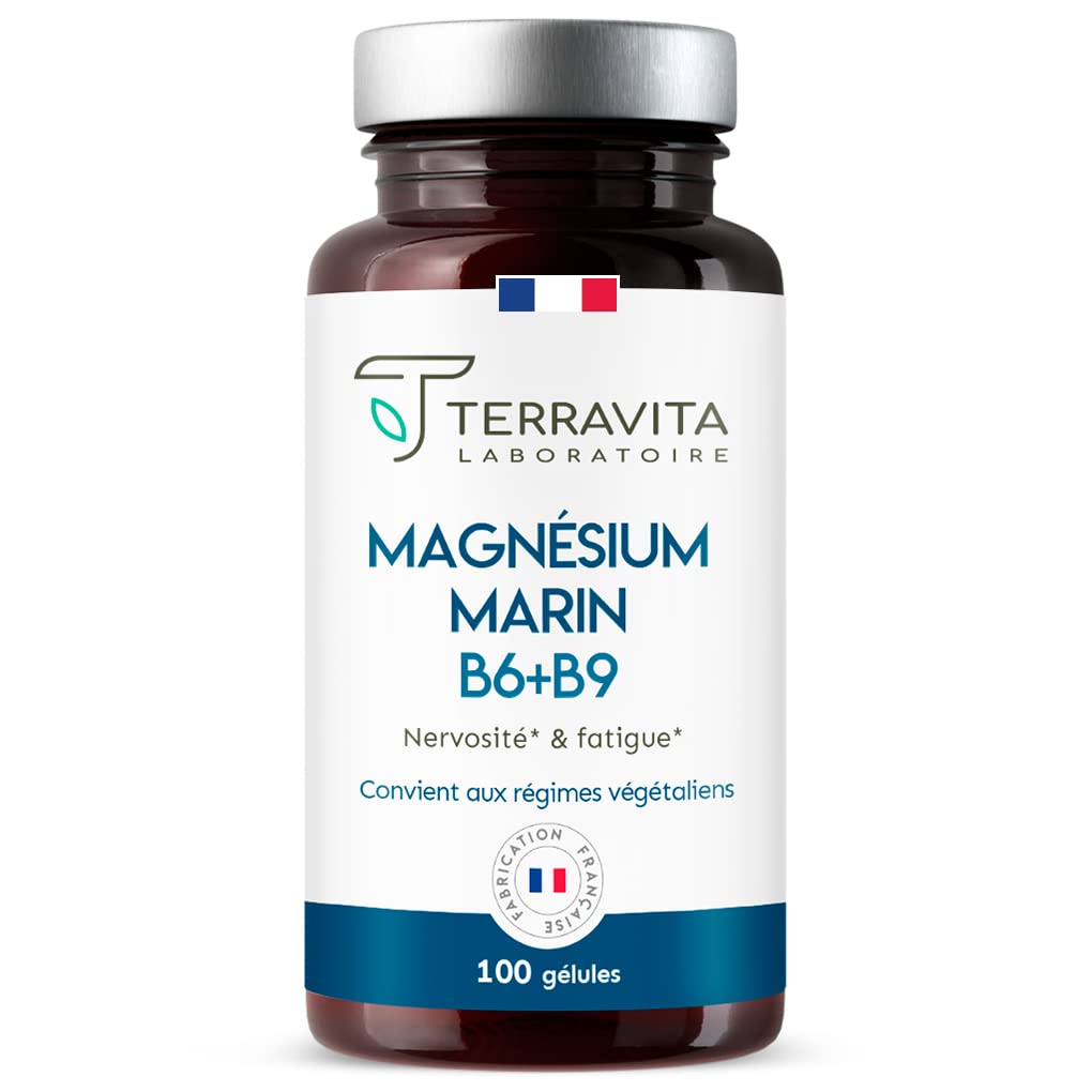 Terravita Magnésium Marin + Vit B6 B9 - 300mg Élément par Gélule | 100 Jours de Cure | Combattre le Stress et la Fatigue