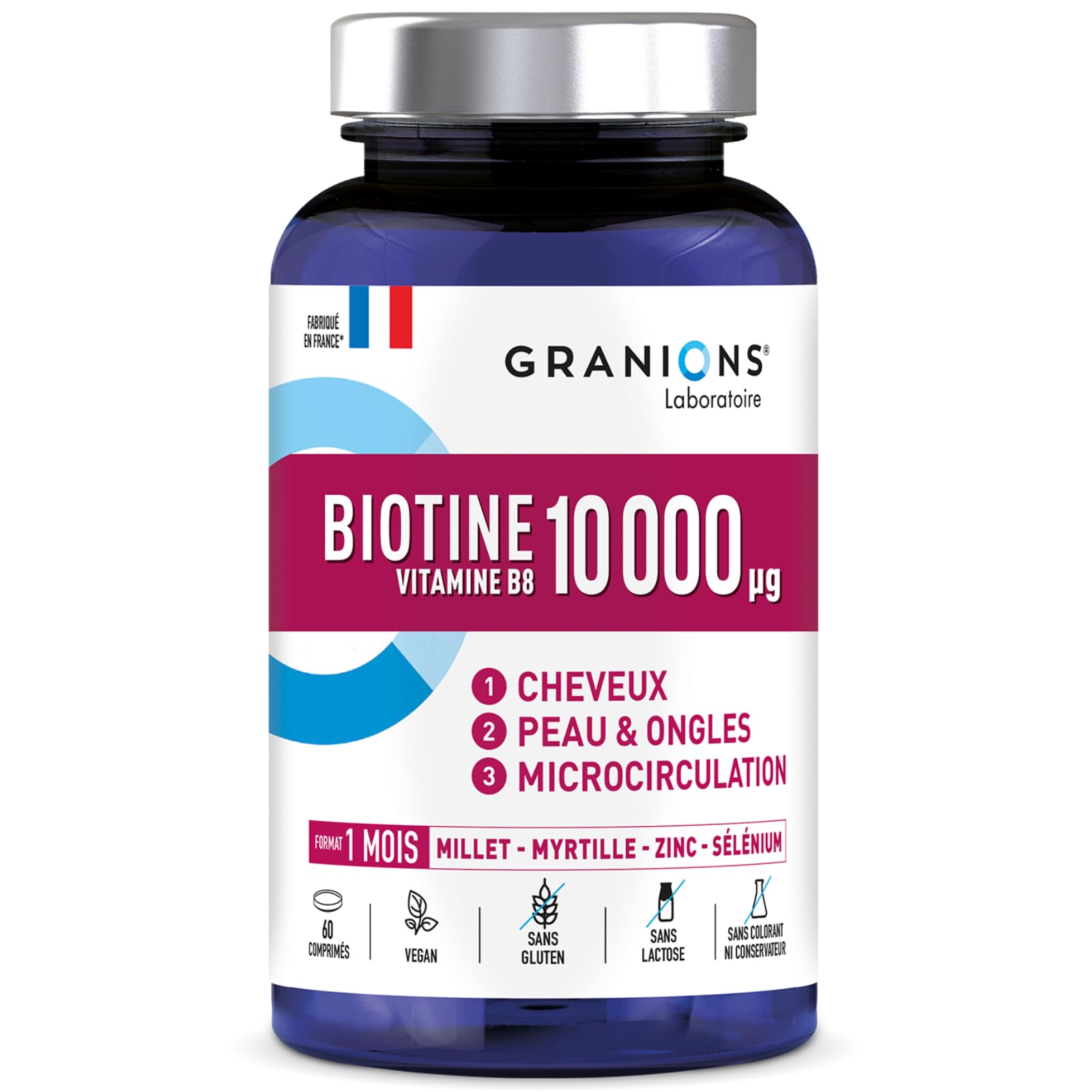 Biotine 10 000 µg GRANIONS Vegan, sans gluten, Cheveux, Peau, Ongles - Complément Alimentaire - France Made, 60 Comprimé