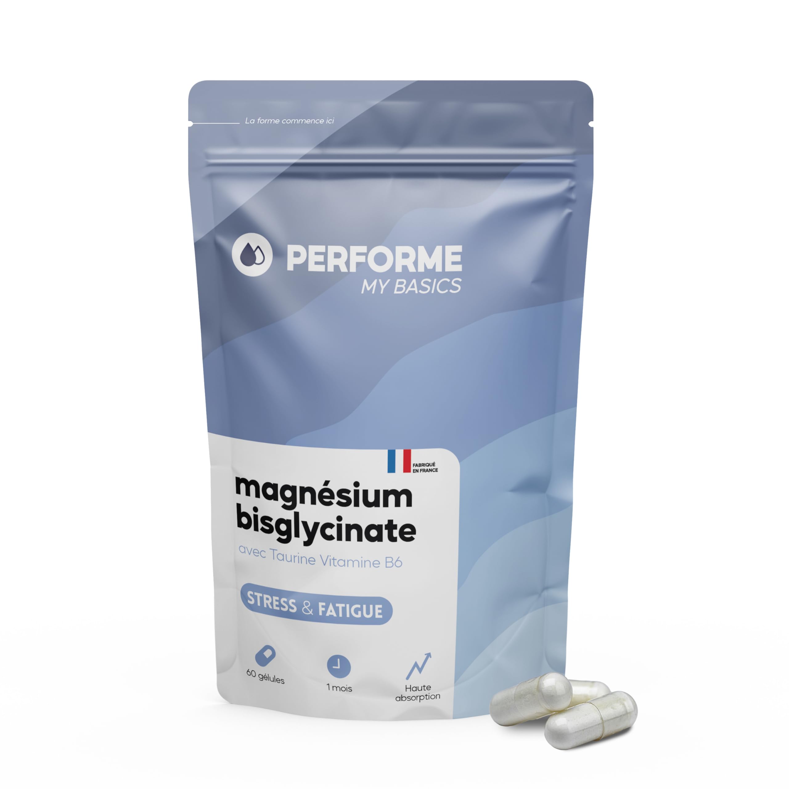 My Basics Performe Magnésium Bisclycinate + Taurine Gélules Végétales 60 Pièces Anti-Stress Antifatigue Cure de 1 Mois S