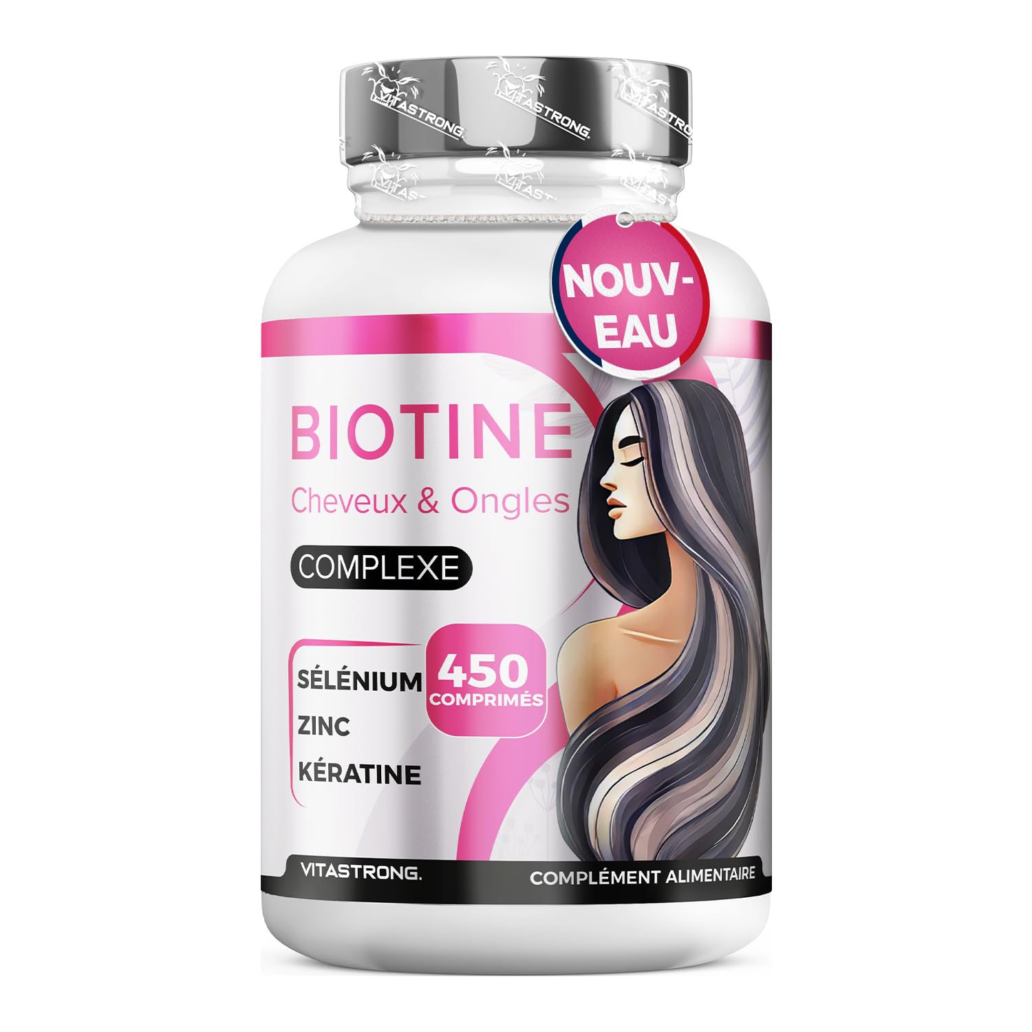 Biotine Cheveux Vitastrong Haute Dosage pour Cheveux Forts et Santé, Pour Femmes et Hommes, Comprimés de 450 pour 15 Moi