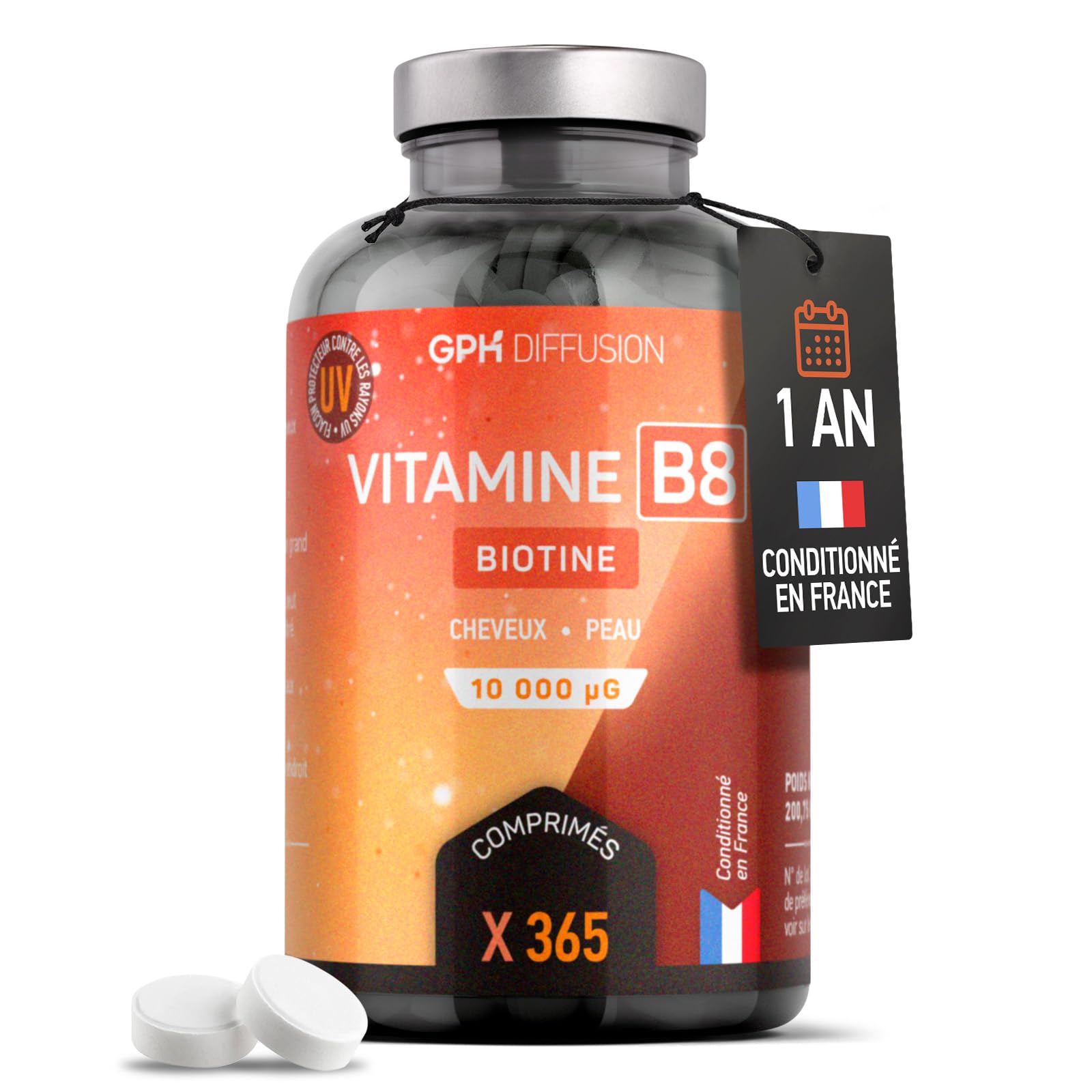 Biotin 10000 mcg - 365 Tablettes pour cheveux et peau - Supplément Hair Growth et Renforce les cheveux