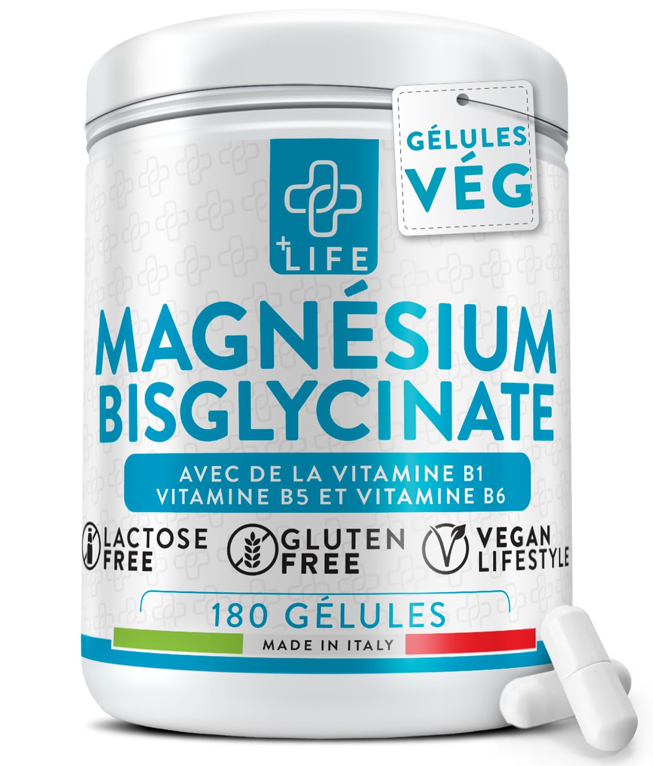 Magnésium Bisglycinate 1500 mg PiùLife – Absorption Maximale avec Vitamines B6, B1, B5 | Gélules pour Sommeil, Stress et
