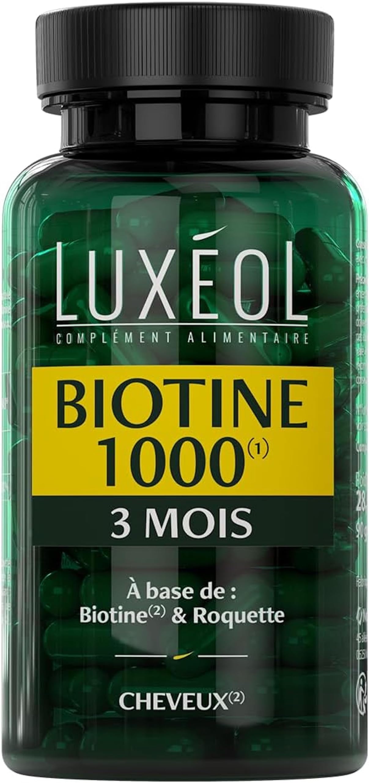 Biotine Luxéol 1000 μg Favorise la Pousse des Cheveux Roquette - Complément Alimentaire Made in France 90 Gélules