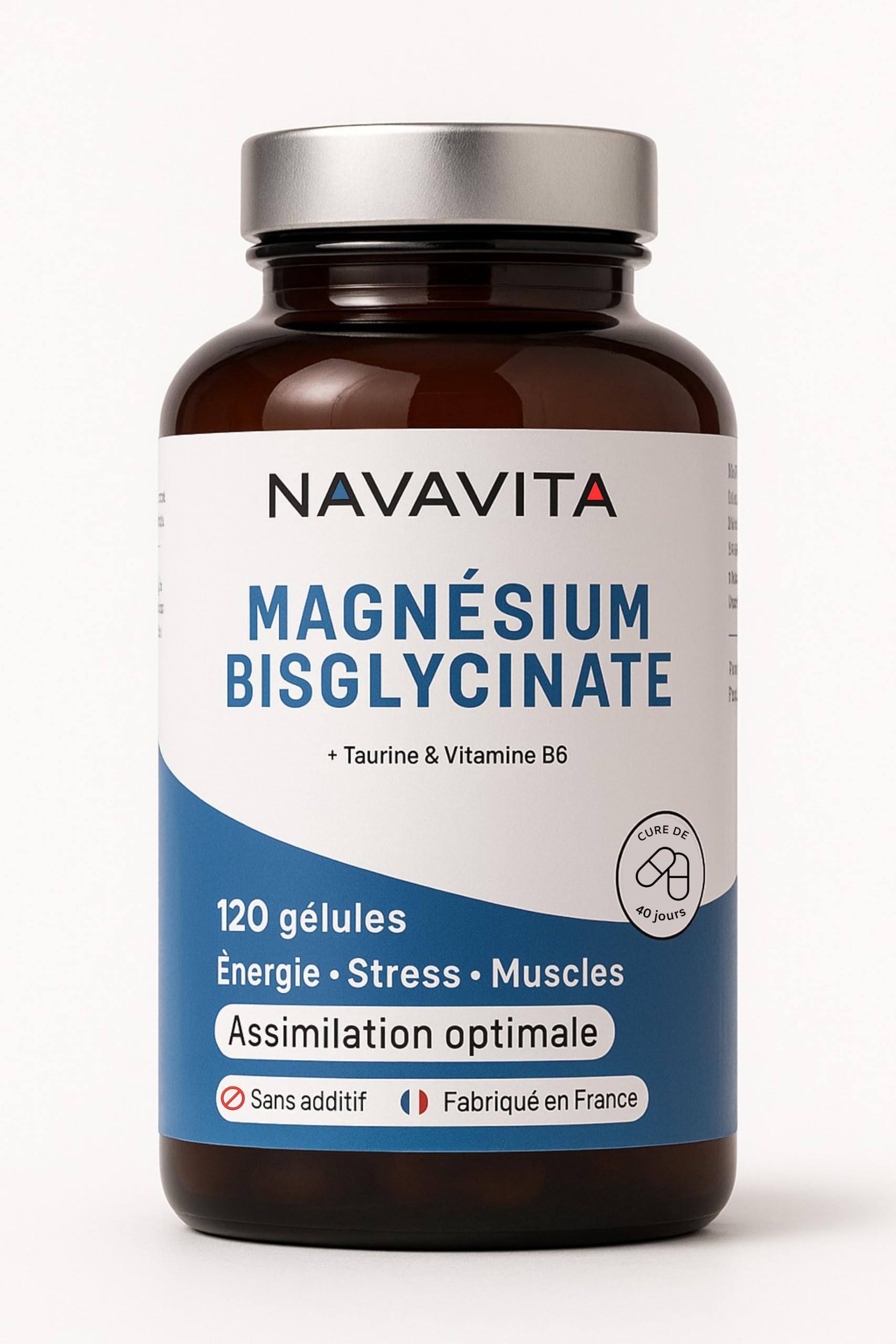 Magnésium Bisglycinate NAVAVITA 300mg/j Haute Teneur combat fatigue stress 120 gélules France fabriqué