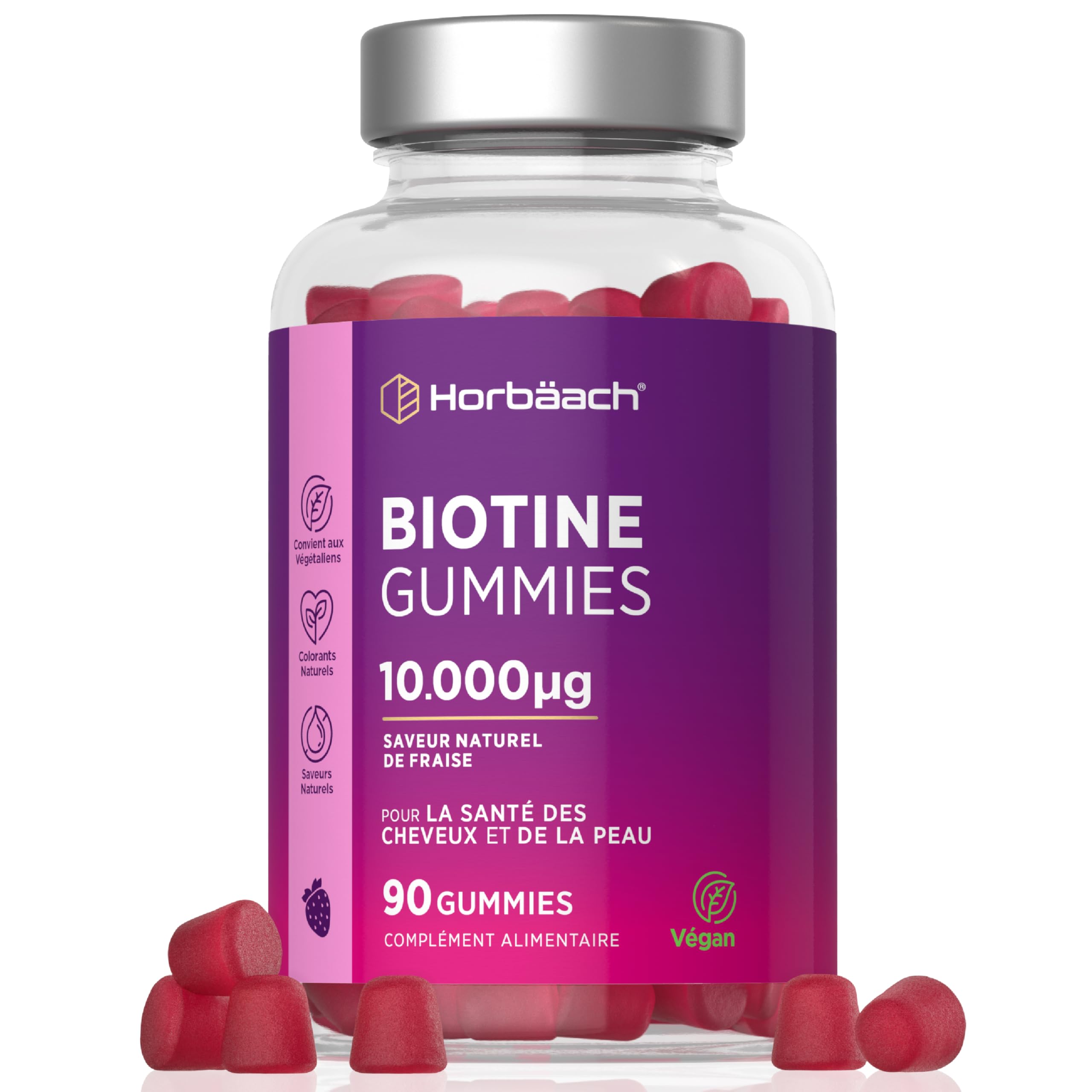 Horbaach Biotine 10000 mcg Gummies | 90 Végane | Vitamines pour Cheveux, Peau et Ongles | Fraise Naturelle